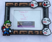 Load image into Gallery viewer, Luigi Perler Inspired Fanart- Perler Glass Picture Frame - Fits 4x6 or 5x7 Photos- Choose Horizontal or Vertical, Geeky, Video Game Art
