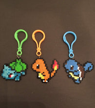 Load image into Gallery viewer, Squirtle, Bulbasaur and Charmander Clip or Magnet Pokemon Inspired Mini Perler/ Artkal Beads - Perfect for backpacks, bags, lockers and more
