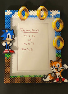 Sonic and Tails Inspired Perler Artkal Glass Picture Frame - Fits 4x6 or 5x7 Photos- Choose Horizontal or Vertical