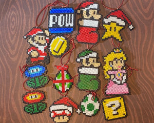 Mario Inspired Christmas Ornaments- Perler, Artkal Mini Beads- Video Game Tree