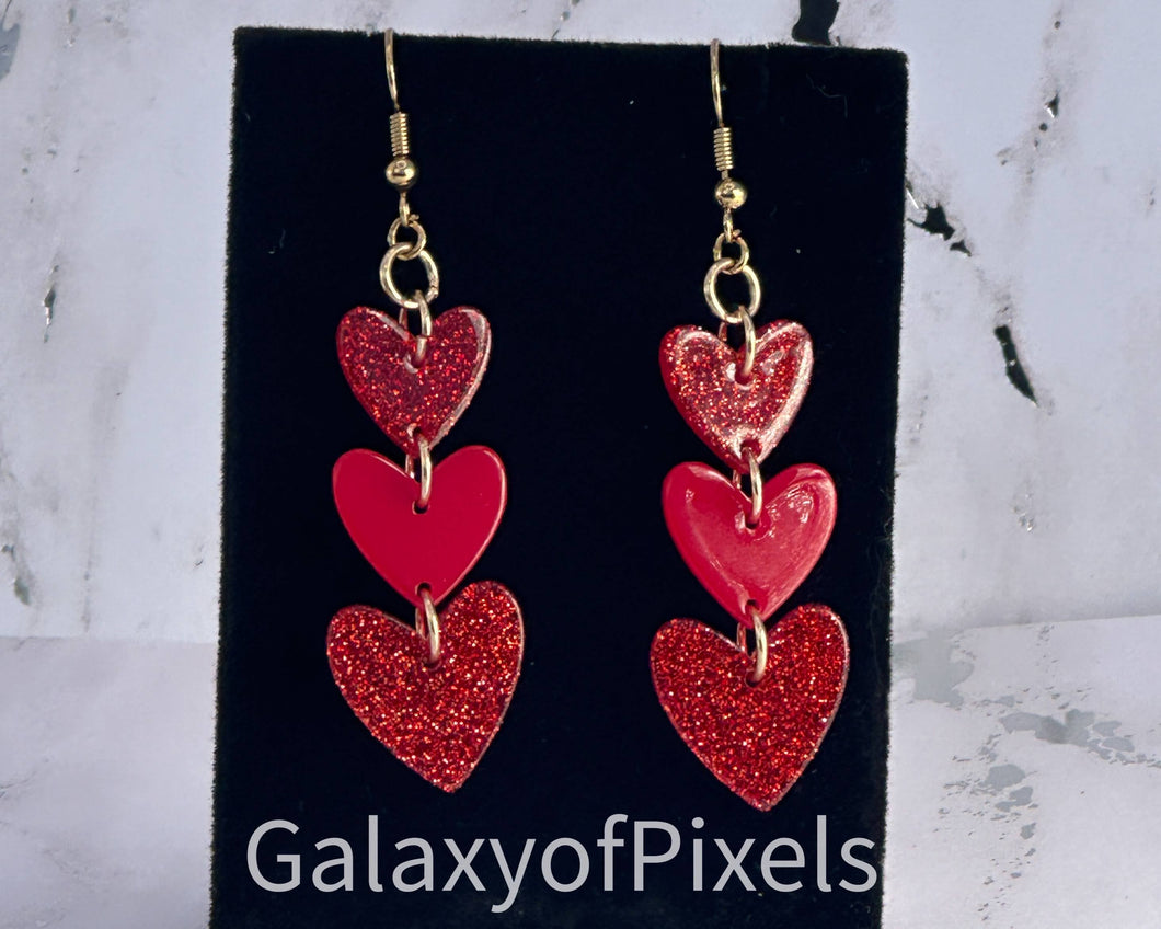 Red Linked Heart Earrings- Handmade Red & Gold