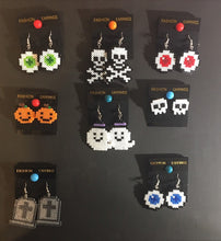 Load image into Gallery viewer, Spooky Fun Halloween Mini Perler/ Artkal Bead Earrings- Pumpkins, Skeletons, Skulls &amp; More
