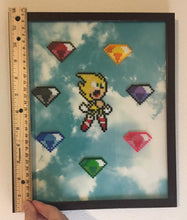 Load image into Gallery viewer, Glass Framed Super Sonic &amp; 7 Chaos Emeralds Mini Beads, Kids Room, Game Room, Classroom Decor- Video Game Art, Geeky decorations, Perler Art
