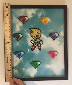 Glass Framed Super Sonic & 7 Chaos Emeralds Mini Beads, Kids Room, Game Room, Classroom Decor- Video Game Art, Geeky decorations, Perler Art