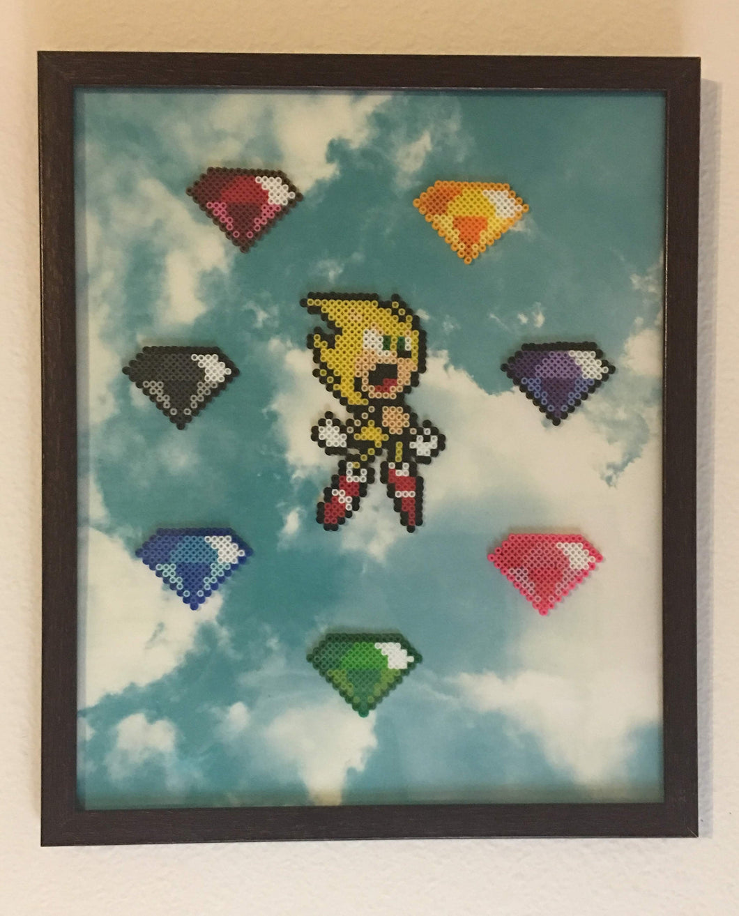 Glass Framed Super Sonic & 7 Chaos Emeralds Mini Beads, Kids Room, Game Room, Classroom Decor- Video Game Art, Geeky decorations, Perler Art