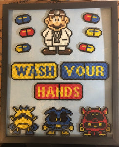 Framed Dr. Mario Wash Your Hands- Mini Perler Beads- Perfect for Doctor's Offices, Bathroom or Classroom Decor