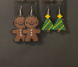 Gingerbread Man and Christmas Tree Mini Perler or Artkal Bead Dangle Earrings- Christmas, Fun Earrings,