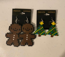 Load image into Gallery viewer, Gingerbread Man and Christmas Tree Mini Perler or Artkal Bead Dangle Earrings- Christmas, Fun Earrings,
