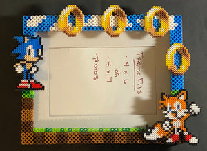 Sonic and Tails Inspired Perler Artkal Glass Picture Frame - Fits 4x6 or 5x7 Photos- Choose Horizontal or Vertical