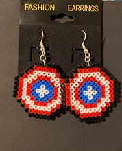 Load image into Gallery viewer, Patriotic July 4th Inspired Mini Perler or Artkal Bead Dangle Earrings- American Flag, Captain America Shield
