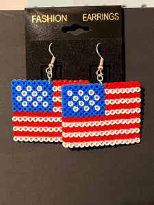 Patriotic July 4th Inspired Mini Perler or Artkal Bead Dangle Earrings- American Flag, Captain America Shield