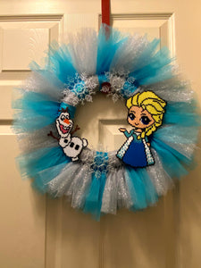 Frozen Wreath Inspired by Elsa and Olaf- 17 in Tulle Wreath with Perler Artkal Beads- Snow, Snowflakes