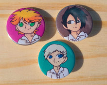 Load image into Gallery viewer, The Promised Neverland inspired Digitally Designed Handmade Pins/Pinbacks, Emma, Norman, Ray
