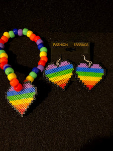 Rainbow Heart Kandi Bracelets with Matching Earrings, Perler Jewelry Artkal