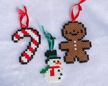 Load image into Gallery viewer, Perler Bead Christmas Ornaments, Candy Cane, Snowman and Gingerbread Man
