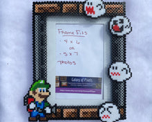 Load image into Gallery viewer, Luigi Perler Inspired Fanart- Perler Glass Picture Frame - Fits 4x6 or 5x7 Photos- Choose Horizontal or Vertical, Geeky, Video Game Art

