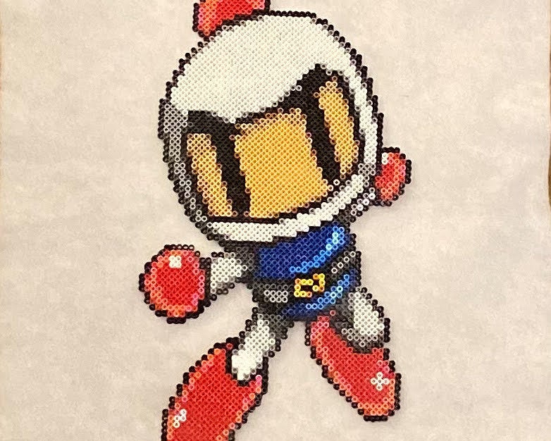 Bomberman Beaded Sprites- Wall Hangings, Kids Bedroom, Game Room, Video Game Art, Perler Art, Pixel Sprite