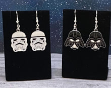 Load image into Gallery viewer, White Storm Trooper Helmet &amp; Vader  Charm Dangle Earrings
